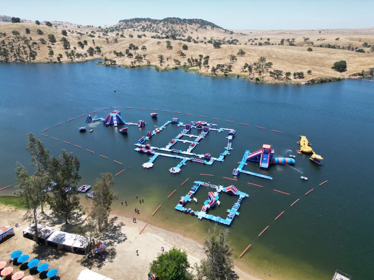 Aerial photo of the Splash-n-Dash inflatable water park in California - America's largest inflatable aqua park