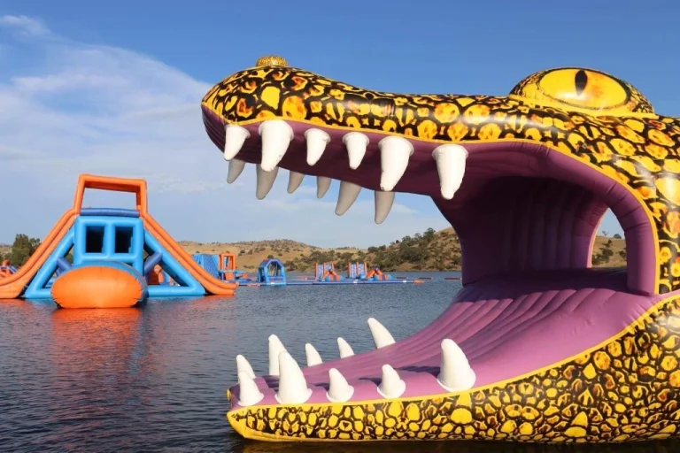 Photo of the Splash-n-Dash inflatable water park on the lake - America's largest inflatable water park - Lake McSwain, Snelling California