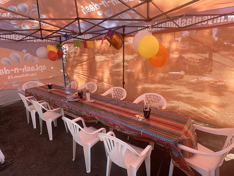 Birthday party tent at Splash-n-Dash Lake McSwain, a birthday party venue