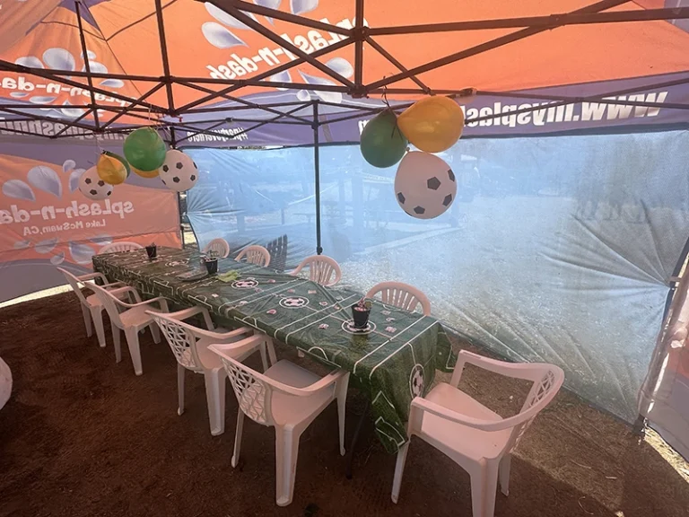 Birthday party tent at Splash-n-Dash Lake McSwain, a birthday party venue