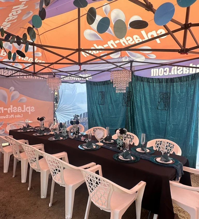 Birthday party tent at Splash-n-Dash Lake McSwain, a birthday party venue